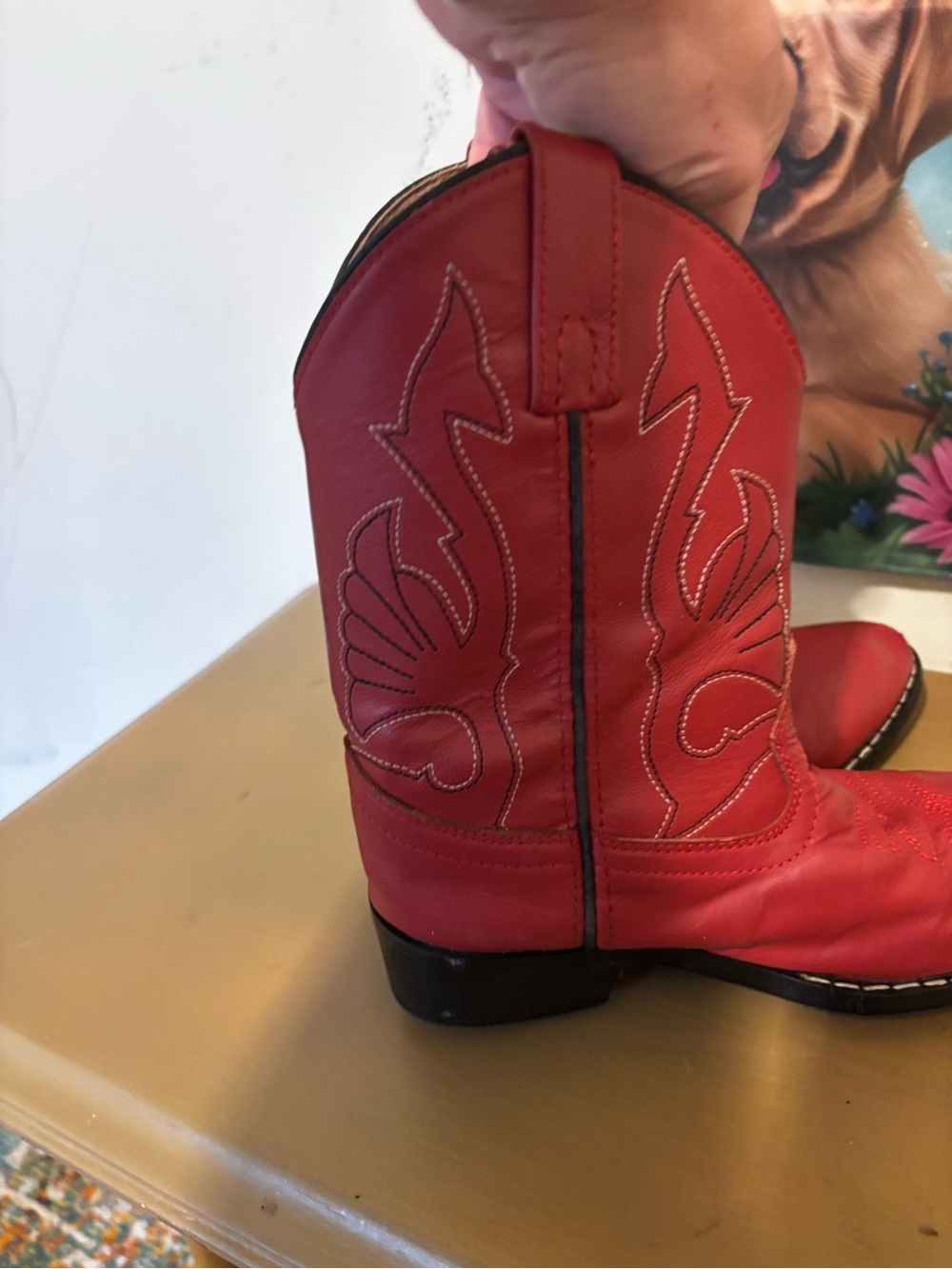 Kids Red Western Cowboy Boots with Stitched Detailing - Picture 3 of 9